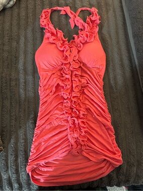 Ruffled Halter Bodycon Dress in Coral